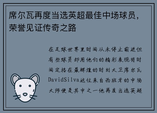 席尔瓦再度当选英超最佳中场球员，荣誉见证传奇之路